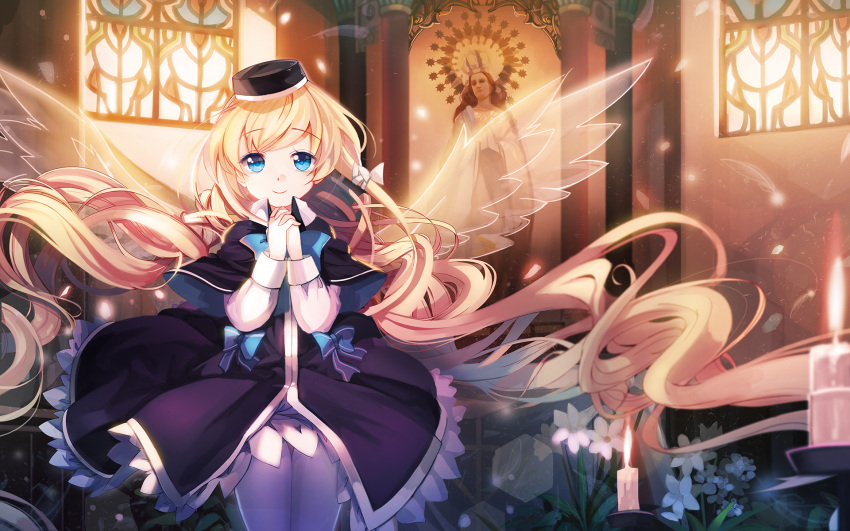 1girl blonde_hair blue_eyes bow candle church fuyouchu hat highres long_hair looking_at_viewer original smile solo very_long_hair