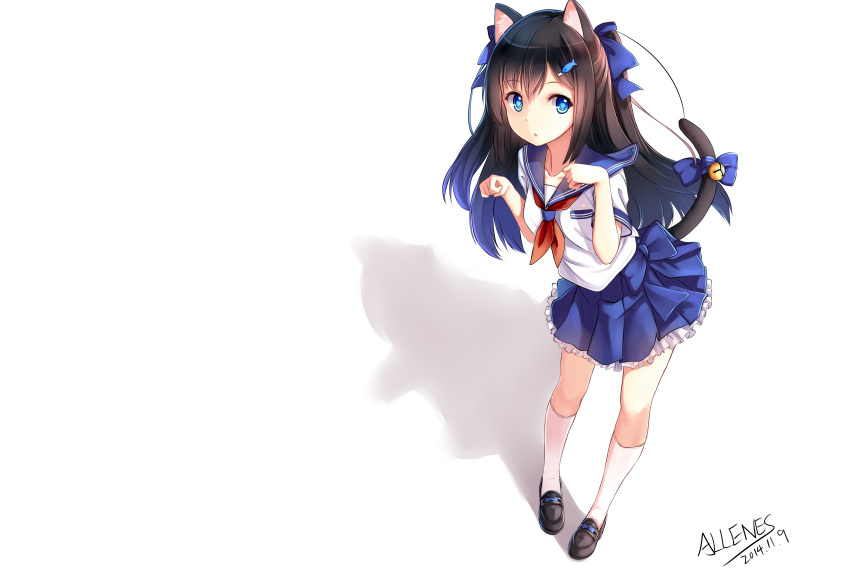 1girl :o absurdres allenes animal_ears aqua_eyes bell black_hair black_shoes blue_bow blue_eyes blue_hair bow cat_ears fish hair_bow hair_ornament highres long_hair multicolored_hair neckerchief original parted_lips school_uniform serafuku shadow shirt shoes simple_background socks solo standing tail tail_bow very_long_hair white_background white_legwear white_shirt