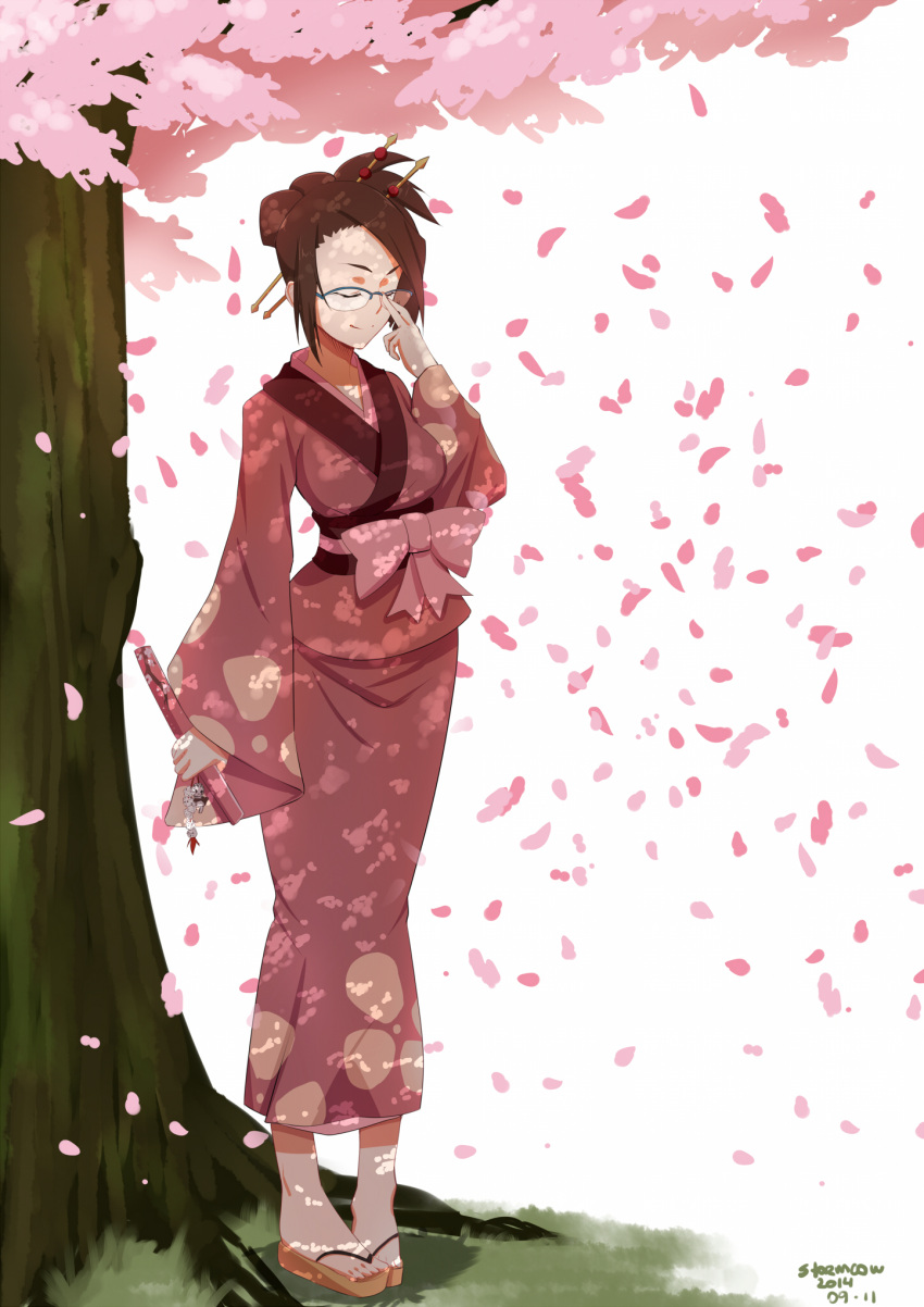 1girl adjusting_glasses artist_name bespectacled brown_hair clog_sandals closed_eyes dated fuu glasses hair_ornament hair_stick highres japanese_clothes kimono knife petals pigeon-toed samurai_champloo sheath sheathed short_hair solo standing stormcow toes tree wakizashi white_background