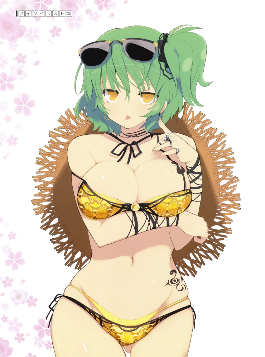 1girl :p absurdres bikini breasts cleavage earrings green_hair highres hikage_(senran_kagura) jewelry large_breasts navel ring senran_kagura_(series) short_hair side_ponytail solo sunglasses swimsuit tattoo tongue tongue_out yellow_eyes