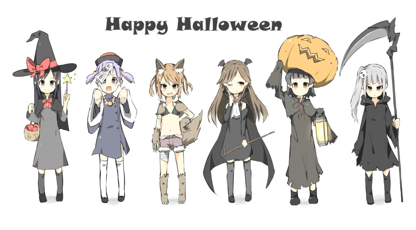 6+girls animal_ears arare_(kantai_collection) arashio_(kantai_collection) asashio_(kantai_collection) bandages basket black_eyes black_hair boots brown_hair cape capelet costume cravat dress grey_hair hair_ornament happy_halloween hat head_wings highres jack-o'-lantern jewelry jiangshi kantai_collection kasumi_(kantai_collection) lantern long_hair michishio_(kantai_collection) multiple_girls necklace ofuda ooshio_(kantai_collection) outstretched_arms pumpkin scythe shorts side_ponytail skull_hair_ornament tail vampire_costume wand werewolf white_background witch witch_hat wolf_ears wolf_tail zombie_pose