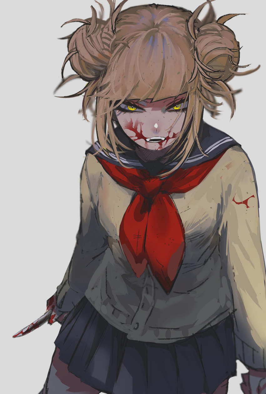 1girl bangs blonde_hair blood blue_sailor_collar blue_skirt blunt_bangs boku_no_hero_academia breasts cardigan commentary_request double_bun fangs highres holding holding_knife knife long_sleeves looking_at_viewer messy_hair neckerchief pleated_skirt red_neckwear sailor_collar school_uniform serafuku short_hair sidelocks skirt solo suzumetarou teeth toga_himiko yellow_eyes