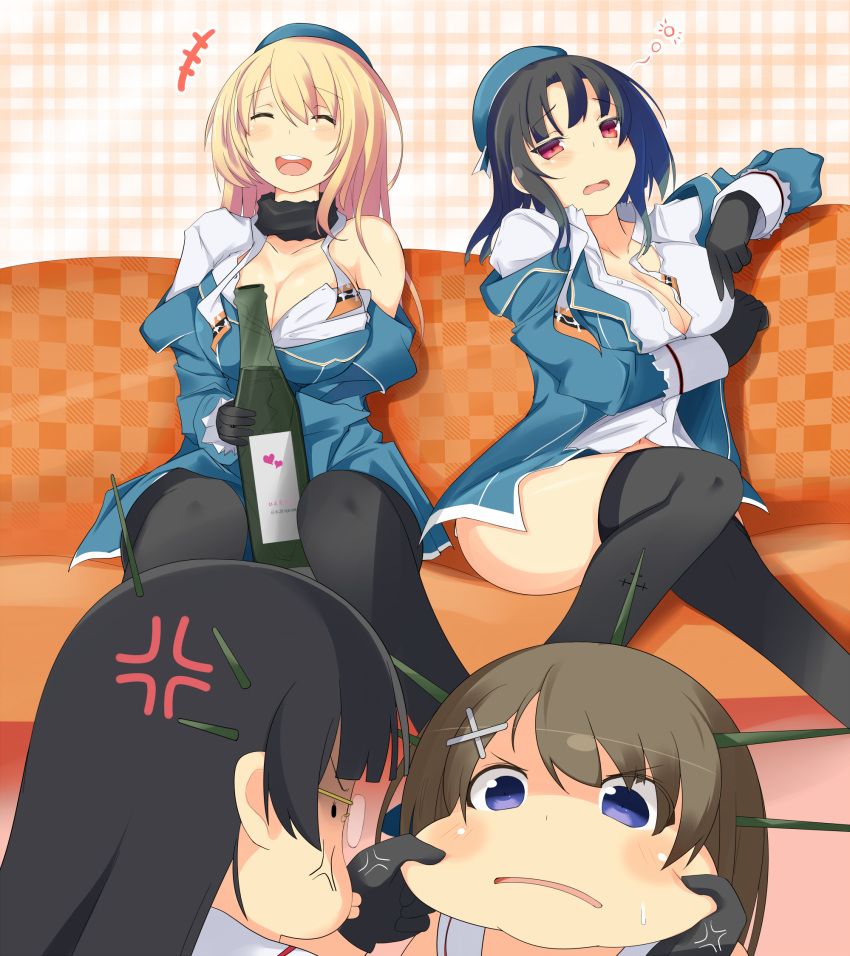 4girls alcohol anger_vein atago_(kantai_collection) black_gloves black_hair blush bottle breasts brown_hair choukai_(kantai_collection) cleavage closed_eyes drunk face_stretching fur_collar glasses gloves hat highres kantai_collection kyuchan large_breasts maya_(kantai_collection) multiple_girls off_shoulder open_mouth pantyhose plaid plaid_background red_eyes takao_(kantai_collection) thigh-highs violet_eyes
