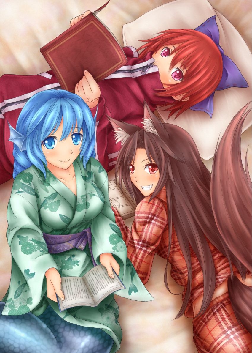 3girls adapted_costume alternate_costume animal_ears blue_eyes blue_hair book bow brown_hair contemporary covered_mouth floral_print grin hair_bow head_fins highres hozenkakari imaizumi_kagerou japanese_clothes kimono long_hair lying mermaid monster_girl multiple_girls on_back on_stomach pillow plaid red_eyes redhead sekibanki short_hair smile tail touhou track_suit wakasagihime wolf_ears wolf_tail