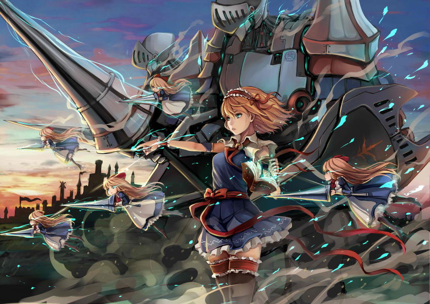 1girl absurdres alice_margatroid armor attack black_legwear blonde_hair blue_eyes blue_sky book bow capelet castle charging clouds dress dust electricity garters goliath_doll grimoire gyakushuu_no_hoshiumi hairband highres jpeg_artifacts knight lance light_particles long_hair open_book outstretched_arm parted_lips pointing polearm puppet_rings ribbon shanghai_doll short_hair silhouette sky sunset thigh-highs touhou weapon zettai_ryouiki