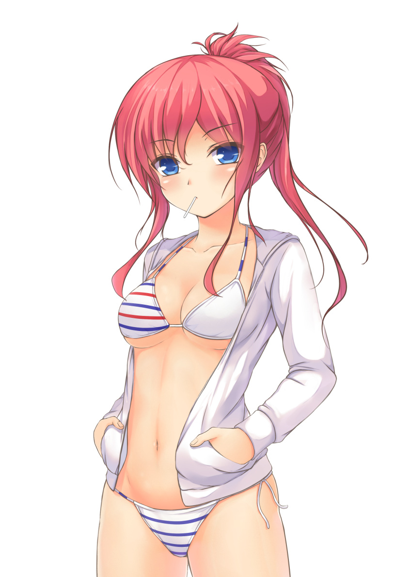 1girl absurdres bikini blush collarbone cowboy_shot hands_in_pockets highres hoodie long_hair mouth_hold original ponytail redhead side-tie_bikini solo striped striped_bikini striped_swimsuit swimsuit tiphereth white_background