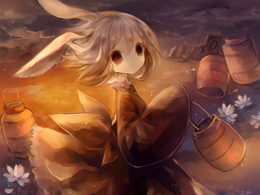 1girl animal_ears faux_traditional_media grey_eyes grey_hair hanchan holding lampion looking_at_viewer original parted_lips rabbit_ears short_hair solo wind
