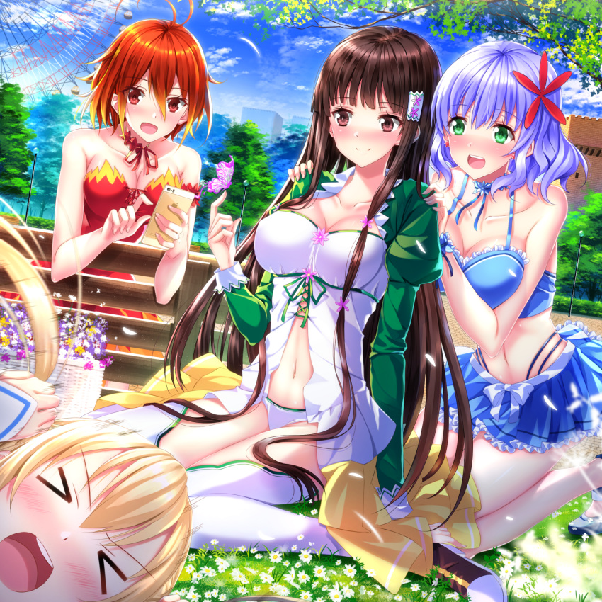 &gt;_&lt; 4girls :d amagi_brilliant_park antenna_hair bare_shoulders black_hair blonde_hair blue_hair blush breasts brown_eyes butterfly cellphone choker cleavage dress fang ferris_wheel flower gradient_hair green_eyes hair_flower hair_ornament hair_tubes hand_on_another's_shoulder highres holding_hair iphone koborii_(amaburi) large_breasts long_hair multicolored_hair multiple_girls muse_(amaburi) navel open_mouth orange_hair phone puffy_sleeves red_eyes redhead ribbon salama_(amaburi) shiny shiny_hair short_hair sitting skirt smartphone smile swordsouls sylphy_(amaburi) thigh-highs tree twintails wariza