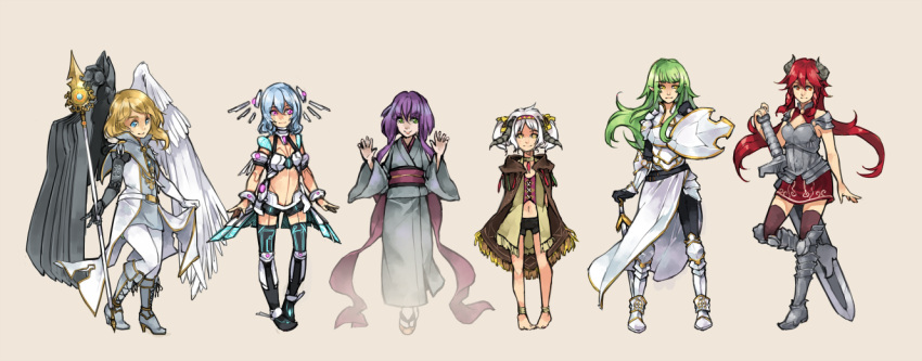 6+girls alpha_(acerailgun) angel angel_wings anklet armor arms_behind_back asymmetrical_wings barefoot blonde_hair blue_eyes blue_hair boots borrowed_character breasts c-r-y-s cape cassie_(acerailgun) cecilia_(acerailgun) erica_(acerailgun) everyone full_body gauntlets ghost greaves green_eyes green_hair hair_ribbon hairband hand_on_hilt high_heel_boots high_heels horns isabelle_(acerailgun) japanese_clothes jewelry kimono knight long_hair multiple_girls navel original pink_eyes pointy_ears polearm purple_hair red_eyes redhead ribbon robot_girl rynn_(acerailgun) shield side_slit simple_background skirt smile spaulders spear sword thigh-highs thigh_boots transparent very_long_hair weapon white_hair wings yellow_eyes zettai_ryouiki