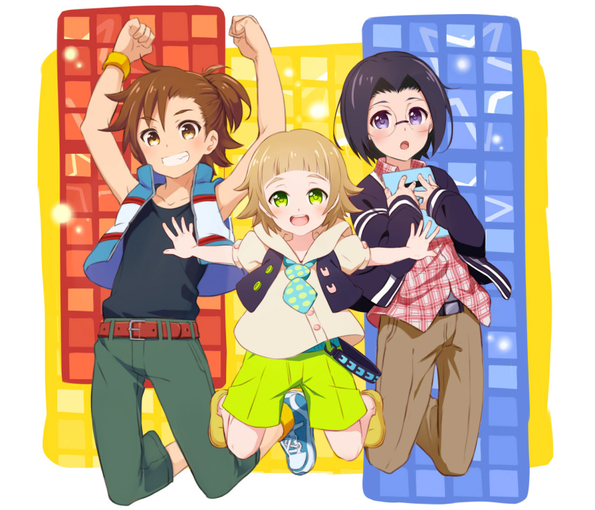 3boys black_hair blonde_hair blush brown_eyes brown_hair glasses green_eyes highres himeno_kanon idolmaster idolmaster_side-m jumping male multiple_boys okamura_nao short_hair shorts smile tachibana_shirou violet_eyes