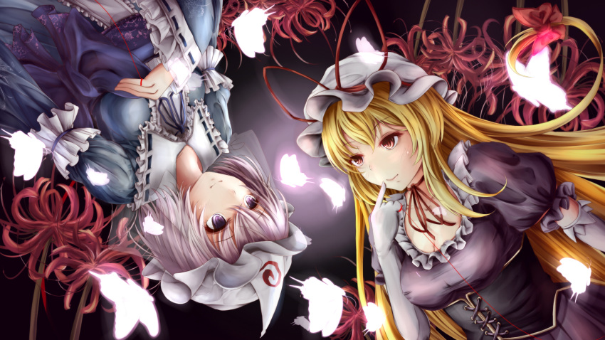 2girls arm_garter black_background blonde_hair breasts butterfly cleavage corset dress elbow_gloves finger_to_mouth flower frilled_dress frills gloves glowing hat hat_ribbon highres japanese_clothes kimono long_hair long_sleeves looking_at_another mob_cap multiple_girls neck_ribbon noratama-nyan obi puffy_short_sleeves puffy_sleeves purple_hair red_eyes ribbon ribbon-trimmed_sleeves ribbon_trim saigyouji_yuyuko sash short_hair short_sleeves simple_background spider_lily string touhou triangular_headpiece upside-down very_long_hair violet_eyes wallpaper white_gloves wide_sleeves yakumo_yukari