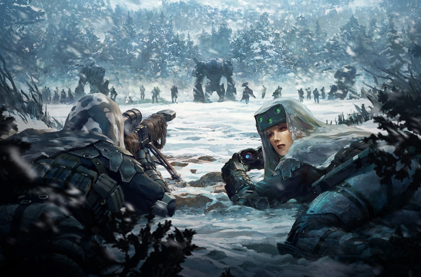 age_of_odin armor binoculars camouflage forest gun looking_back lying marek_okon mecha nature official_art red_cape rifle silhouette sniper_rifle snow soldiers tree warhammer weapon