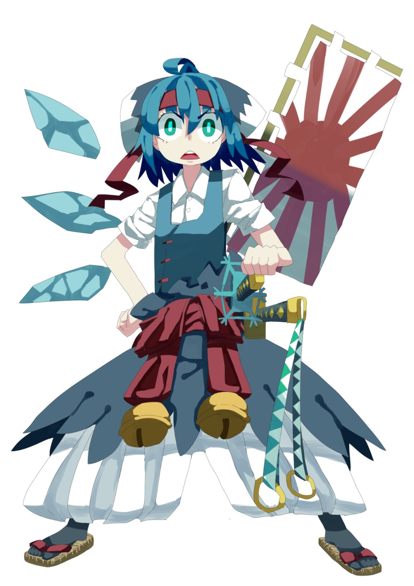 1girl bandana banner bell blue_eyes blue_hair bow cirno dress flag green_eyes hair_bow highres ice ice_wings jingle_bell open_mouth ribbon rising_sun sandals sashimono short_hair snowflakes solo sword the_omoti touhou weapon wings