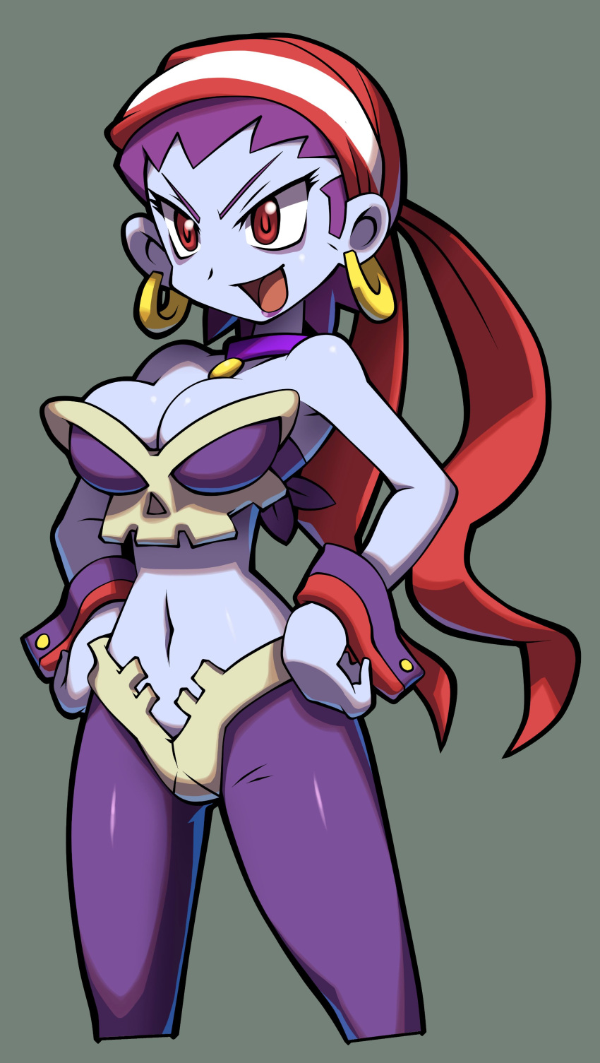 &gt;:d 1girl :d absurdres alternate_headwear bandana bare_shoulders blue_skin breasts bustier choker cleavage cropped_legs earrings eyeliner female grin hands_on_hips highres hoop_earrings jewelry lipstick makeup makoto_yabe navel official_art open_mouth pirate purple_hair purple_lipstick red_eyes risky_boots shantae shantae_and_the_pirate's_curse simple_background skull smile solo standing wrist_cuffs