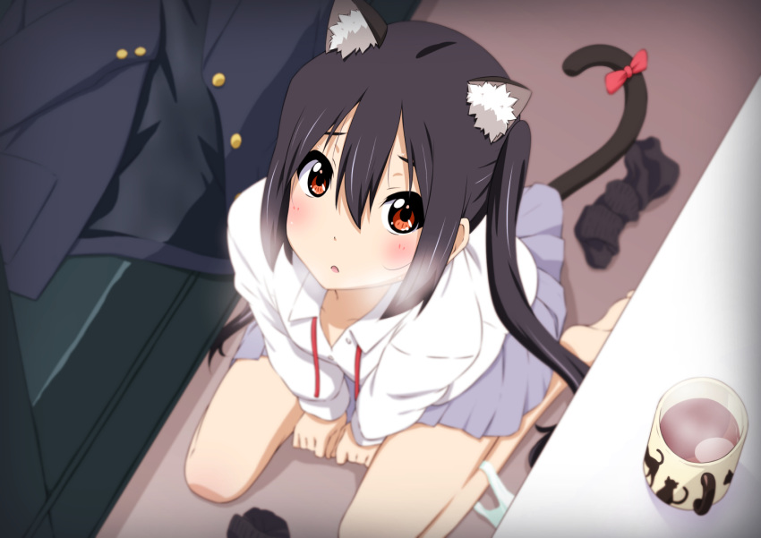 1girl animal_ears black_hair brown_eyes cat_ears cup k-on! long_hair mug nakano_azusa oku_no_shi school_uniform sitting table tail twintails wariza