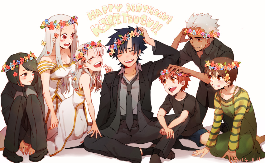 3boys 4girls archer emiya_kiritsugu emiya_shirou family fate/stay_night fate_(series) fley3black fujimura_taiga hair_wreath happy_birthday highres hisau_maiya illyasviel_von_einzbern irisviel_von_einzbern multiple_boys multiple_girls white_hair