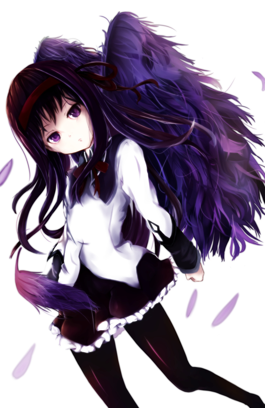 1girl absurdres akemi_homura black_hair expressionless feathers highres long_hair mahou_shoujo_madoka_magica pantyhose simple_background solo wings