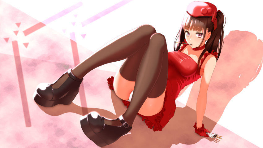 arm_support bare_shoulders black_legwear brown_eyes brown_hair dress gloves hat highres long_hair looking_at_viewer mouth_hold nanahime_(aoi) original panties pantyshot pocky red_dress shoes thigh-highs twintails underwear white_panties