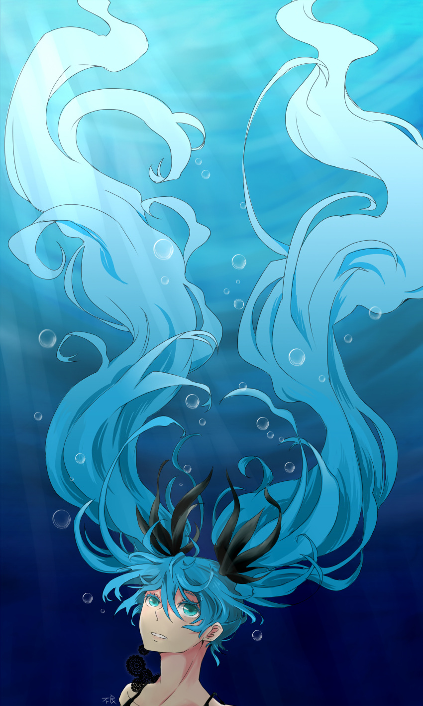1girl absurdres air_bubble aqua_eyes blue_hair bubble eyelashes furyou hair_ribbon hatsune_miku highres light_rays long_hair looking_at_viewer portrait ribbon signature solo twintails underwater very_long_hair vocaloid