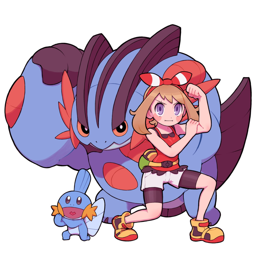 1girl bangs bare_arms bike_shorts blush bow_hairband brown_hair closed_mouth commentary_request eyelashes fanny_pack flexing gen_3_pokemon grey_eyes hairband heart heart_in_mouth highres may_(pokemon) mudkip pokemon pokemon_(creature) pokemon_(game) pokemon_oras pose red_hairband red_shirt rudosan shirt shoes shorts sleeveless sleeveless_shirt squatting swampert white_shorts yellow_bag