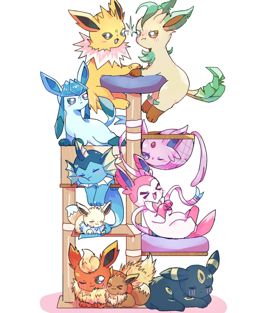 212mettyasuki alternate_color animal_focus blush cat_tower closed_eyes closed_mouth eevee espeon evolutionary_line flareon forehead_jewel full_body glaceon highres jolteon leafeon net one_eye_closed open_mouth pokemon pokemon_(creature) pokemon_focus shiny_pokemon simple_background sleeping smile sylveon tail umbreon vaporeon white_background