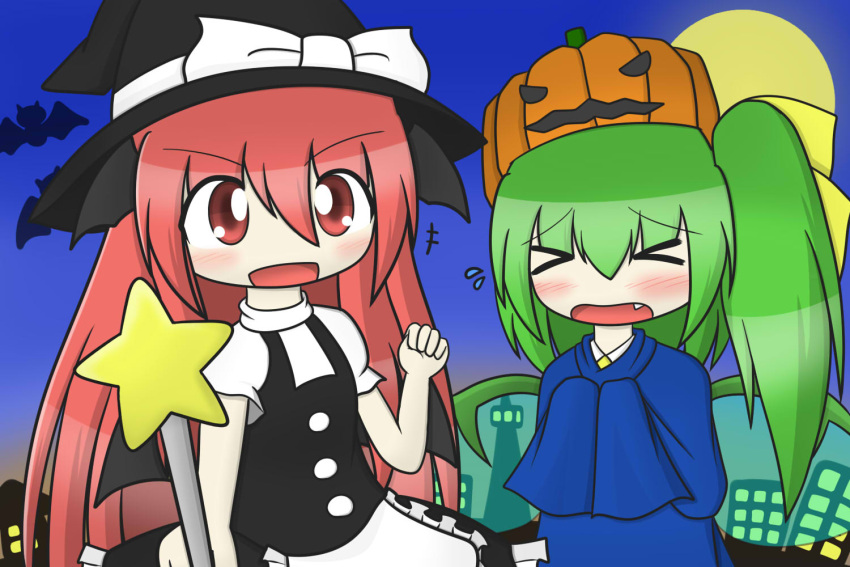 &gt;:d &gt;_&lt; 2girls :d alternate_costume apron arm_up bat bat_wings blush bow building chibi clenched_hand cosplay daiyousei embarrassed fairy_wings fang flying_sweatdrops full_moon green_hair hair_bow halloween hat hat_bow head_wings jack-o'-lantern kirisame_marisa kirisame_marisa_(cosplay) koakuma long_hair moon multiple_girls night night_sky open_mouth pumpkin_hat red_eyes redhead short_hair side_ponytail sky skycream skyline smile star touhou very_long_hair waist_apron wand wavy_mouth wings witch_hat