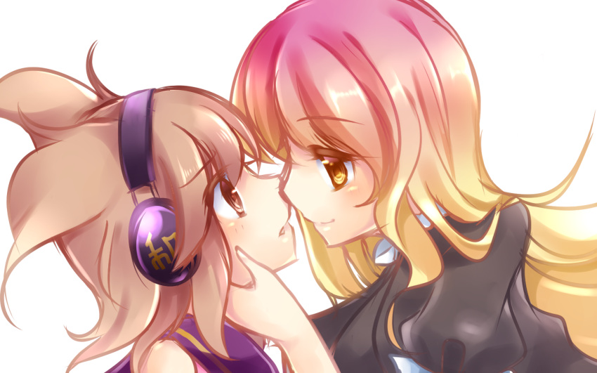 2girls brown_eyes chin_grab earmuffs gradient_hair hijiri_byakuren incipient_kiss kujou_mikuru light_brown_hair long_hair multicolored_hair multiple_girls touhou toyosatomimi_no_miko yellow_eyes yuri