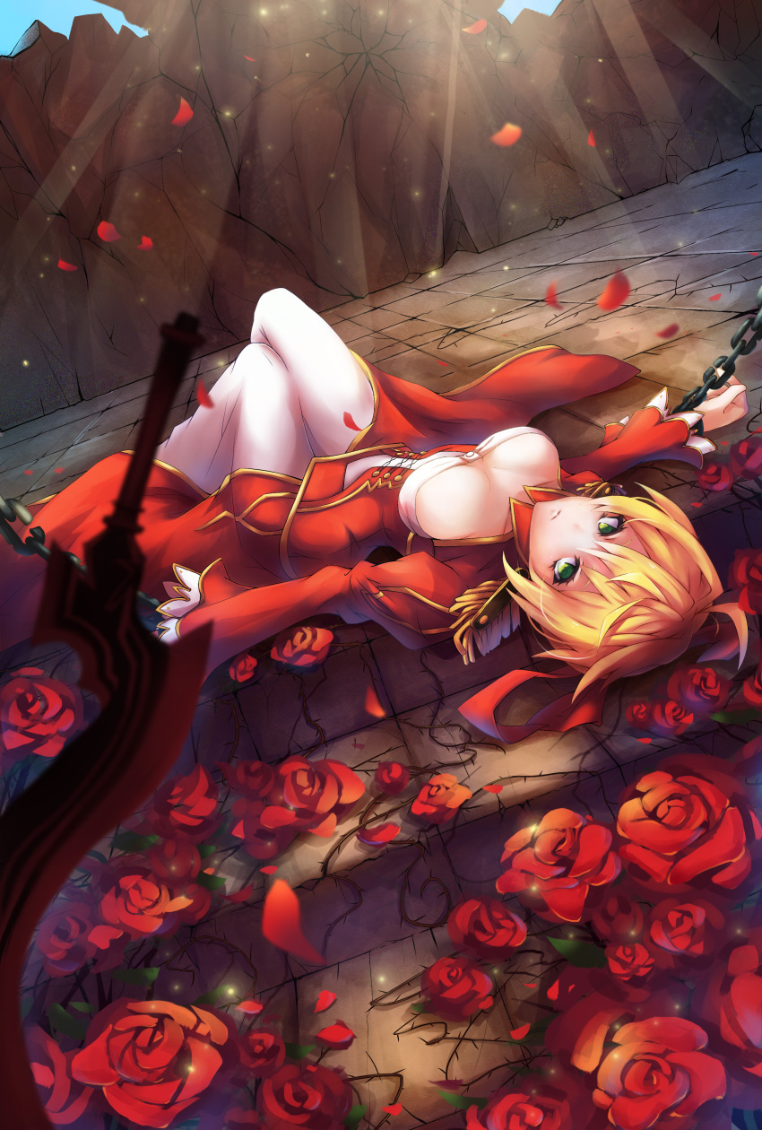 1girl absurdres aestus_estus ahoge blonde_hair breasts chain dress epaulettes fate/extra fate_(series) flower green_eyes highres litsvn lying planted_sword planted_weapon red_dress rose saber_extra solo sword weapon