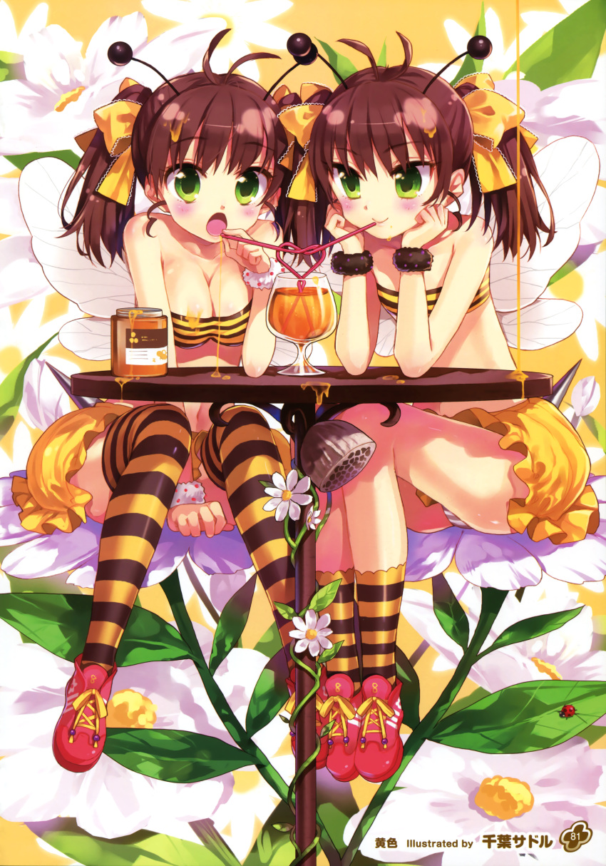 2girls absurdres antennae bee_girl blush breasts brown_hair chiba_sadoru cleavage cup drinking drinking_straw flower green_eyes hair_ribbon highres honey insect_girl long_hair multiple_girls original ribbon shoes sitting skirt smile sneakers thigh-highs tubetop twintails wings