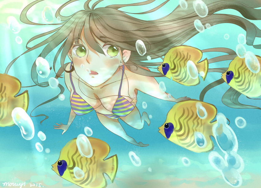 1girl absurdres air_bubble barefoot bikini breath brown_hair bubble diving fish freediving green_eyes highres holding_breath long_hair ocean open_mouth original swimming swimsuit underwater