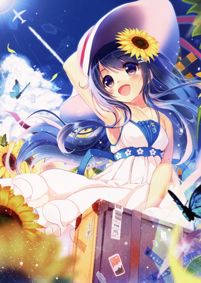 1girl absurdres akabane_(zebrasmise) armpits bare_shoulders blue_eyes blue_hair blush butterfly clouds dress flower hair_flower hair_ornament hat highres long_hair open_mouth original sky sleeveless smile solo suitcase sunflower twintails