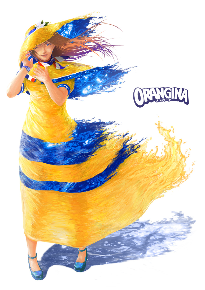 1girl absurdres blue_eyes blue_shoes brown_hair capelet dissolving_clothes french_flag fujimori_(non_faciem) hat highres lips liquid liquid_clothes long_dress long_hair mary_janes neckerchief one_eye_closed orangina original personification pigeon-toed shoes smile solo sun_hat watch watch