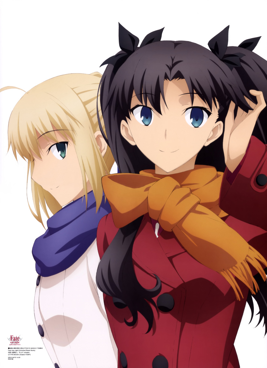 2girls absurdres ahoge artoria_pendragon_(all) black_hair blonde_hair fate/unlimited_blade_works fate_(series) girls_mate highres long_hair multiple_girls official_art saber scarf smile tohsaka_rin tokyo_mx toosaka_rin twintails white_background