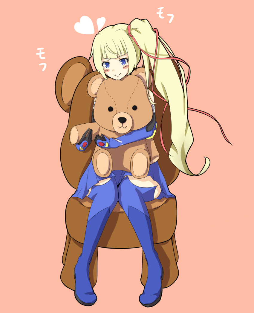 1girl ao_jill blonde_hair blue_boots blue_eyes blush boots chair elbow_gloves gloves hair_ribbon highres limalisha long_hair madan_no_ou_to_vanadis pink_background ribbon side_ponytail skirt smile solo stuffed_animal stuffed_toy teddy_bear thigh-highs thigh_boots