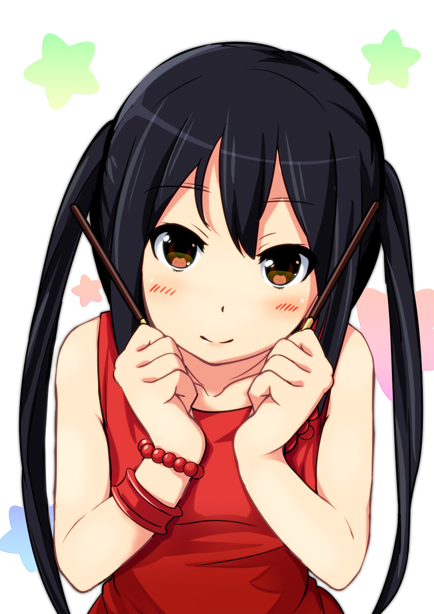 1girl black_hair brown_eyes highres k-on! long_hair miu_(angelo_whitechoc) nakano_azusa pocky smile twintails