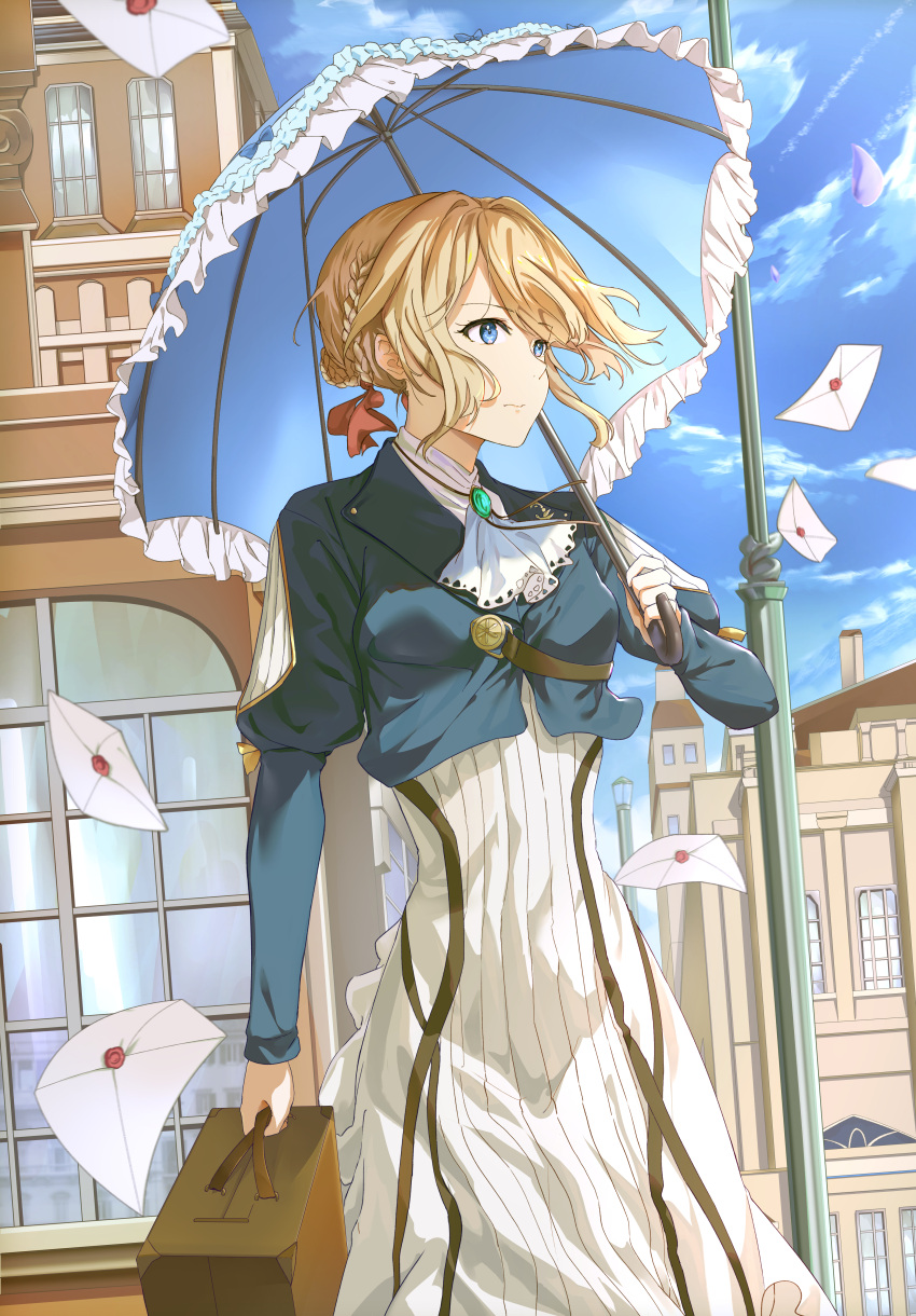 1girl absurdres blonde_hair blue_eyes blue_jacket blue_sky blue_umbrella bow braid breasts building closed_mouth clouds day dress envelope frilled_umbrella hair_bow hair_bun highres holding holding_umbrella jacket lamppost looking_away looking_to_the_side medium_breasts mosta_(lo1777789) outdoors red_bow sky solo suitcase umbrella violet_evergarden violet_evergarden_(series) white_dress window