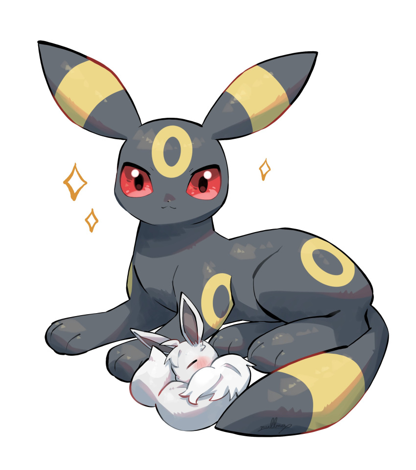 absurdres alternate_color black_eyes blush closed_mouth colored_sclera commentary_request eevee highres looking_at_viewer lying no_humans nullma pokemon pokemon_(creature) pokemon_focus red_sclera shiny_pokemon simple_background smile solo umbreon white_background