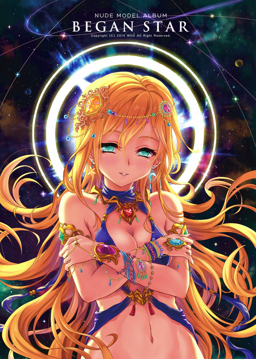 1girl aqua_eyes armband blonde_hair breasts cleavage crescent_moon crossed_arms hair_ornament halo highres jewelry long_hair moon navel necklace original smile solo space star wox