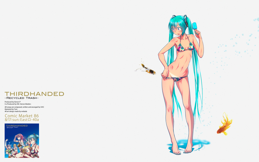 1girl aqua_hair barefoot bikini_pull collarbone contrapposto feet fingernails fish goldfish hatsune_miku highres long_hair looking_down nail_polish navel pigeon-toed popsicle revision ribs solo tan tanline toenail_polish toenails toes toned twintails very_long_hair vocaloid wokada