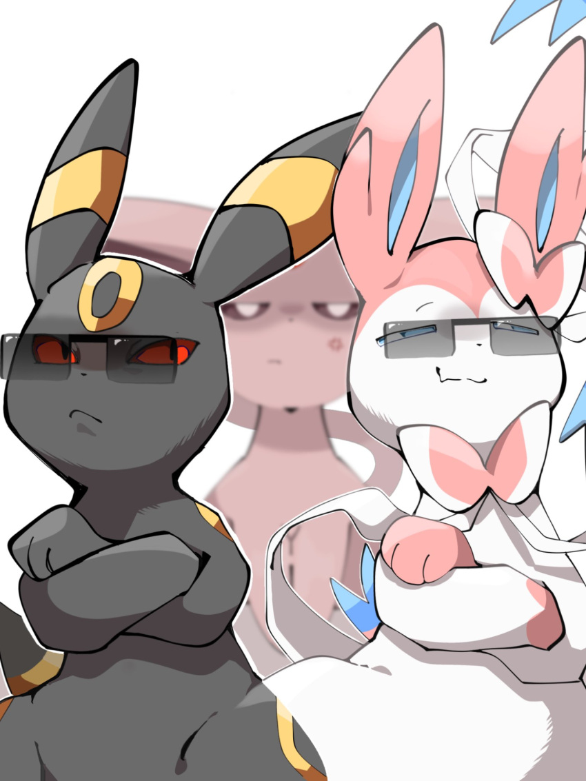 animal_focus black_fur blue_eyes bow closed_mouth colored_sclera crossed_arms espeon glasses highres hp7car7nxrq5s7q looking_at_viewer no_humans pokemon pokemon_(creature) pokemon_focus purple_fur red_eyes red_sclera ribbon smile sunglasses sylveon umbreon