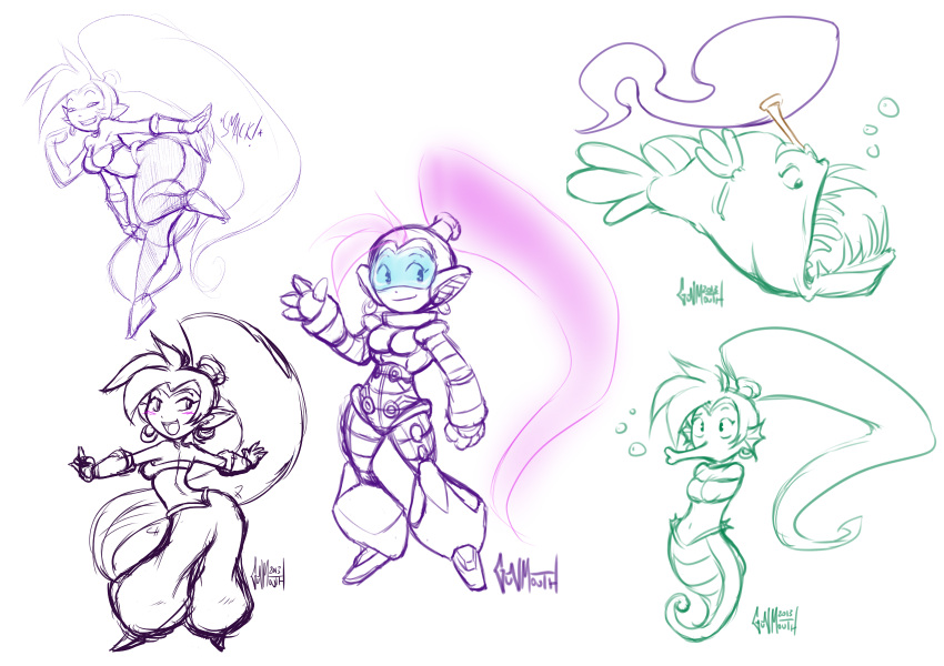 1girl anglerfish ass bent_over collage crossover dancing earrings fish gunmouth harem_pants helmet highres hoop_earrings jewelry long_hair mighty_no._9 pants pointy_ears ponytail seahorse shantae shantae:_half-genie_hero shantae_(character) sketch spot_color very_long_hair visor