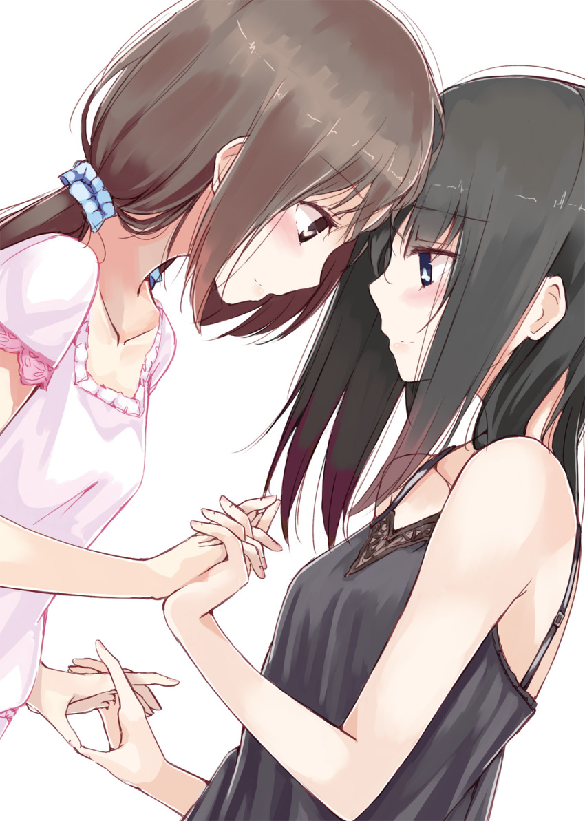 2girls asterism black_hair blue_eyes blush brown_eyes brown_hair ears highres holding_hands interlocked_fingers lips looking_at_another low_twintails multiple_girls original scrunchie smile tail twintails yuri