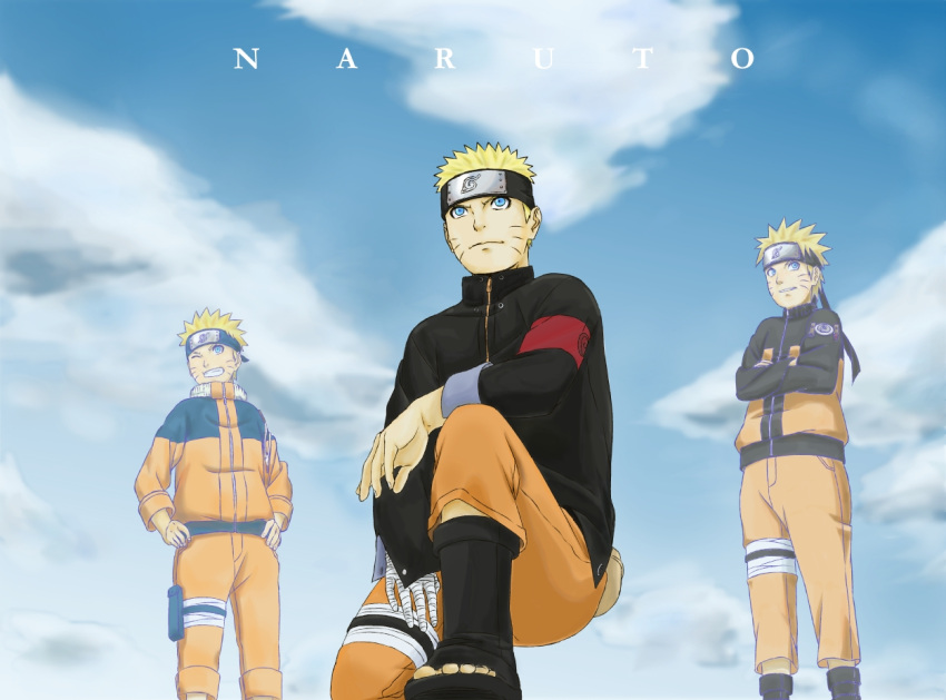 1boy age_progression bandages blonde_hair blue_eyes character_name crossed_arms forehead_protector grin hands_on_hips jacket jumpsuit kneeling multiple_persona naruto naruto:_the_last sandals serious short_hair smile tooofu uzumaki_naruto winking