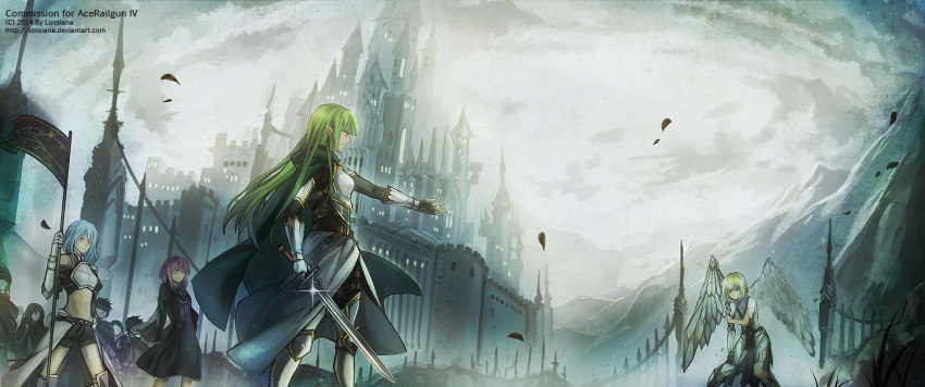 2014 alpha_(acerailgun) angel angel_wings armor asymmetrical_wings banner blonde_hair blue_eyes blue_hair borrowed_character cape cassie_(acerailgun) castle city clouds cloudy_sky dress feathered_wings feathers gauntlets ghost glint greaves green_eyes green_hair hand_on_own_arm isabelle_(acerailgun) knight leaf mechanical_arm mechanical_wings midriff navel original outdoors outstretched_arm pink_eyes pointy_ears purple_hair robot_girl rynn_(acerailgun) sayoko00 short_shorts shorts side_slit sky sword torn_clothes watermark weapon web_address wings yellow_eyes