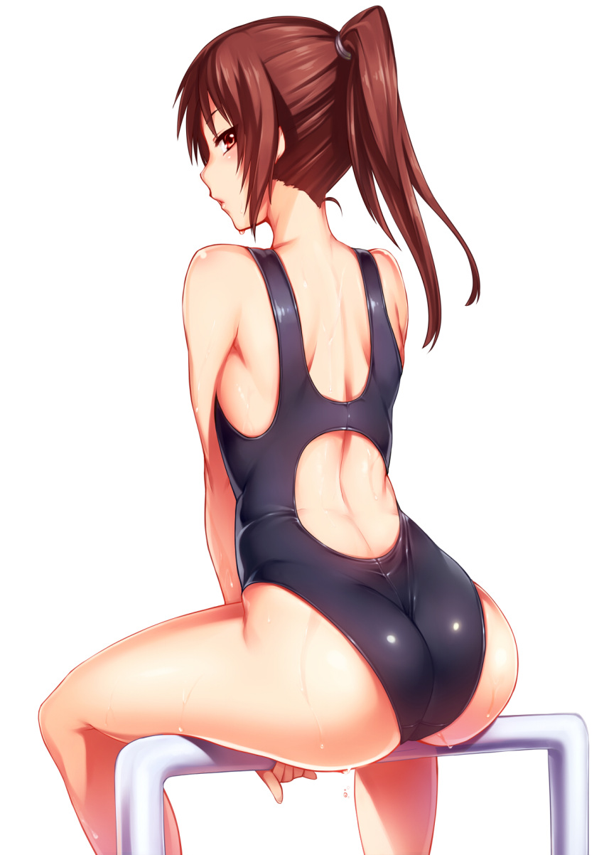 1girl ass back brown_eyes brown_hair competition_swimsuit highres looking_at_viewer looking_back one-piece_swimsuit original ponytail scrunchie sitting swimsuit toned tsuki_tokage wet