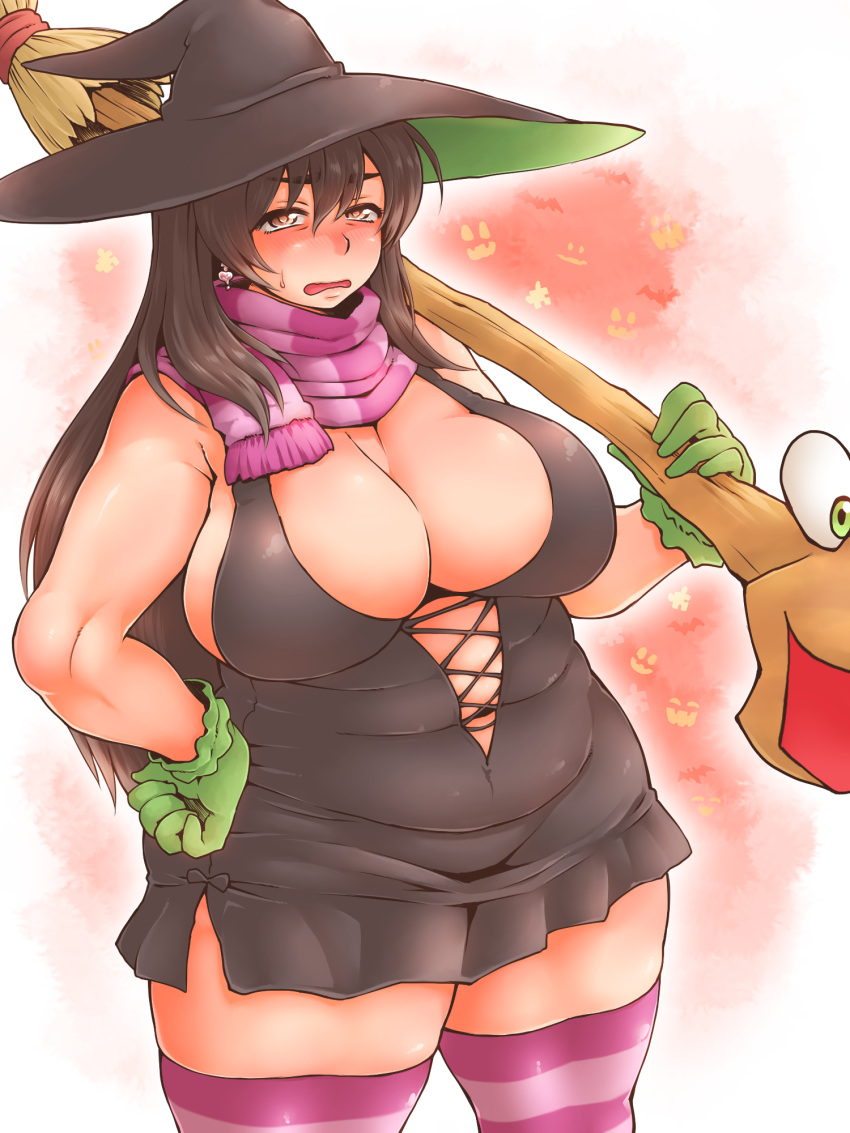 1girl belly blush breasts broom brown_hair cleavage costume dress earrings embarrassed eyebrows fat fat_folds female gloves hat highres huge_breasts jewelry kanna_(cookie) long_hair looking_at_viewer original red_eyes scarf solo striped striped_legwear sweatdrop thick_eyebrows thick_thighs thigh-highs thighs tobatoinu wide_hips witch witch_hat