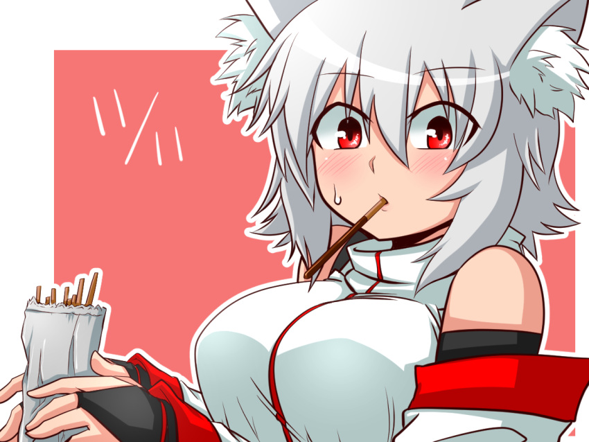 1girl animal_ears bare_shoulders blush breasts dated detached_sleeves eating fingerless_gloves food_in_mouth gloves inubashiri_momiji katsumi5o large_breasts looking_at_viewer pocky pocky_day red_eyes short_hair silver_hair solo touhou wolf_ears