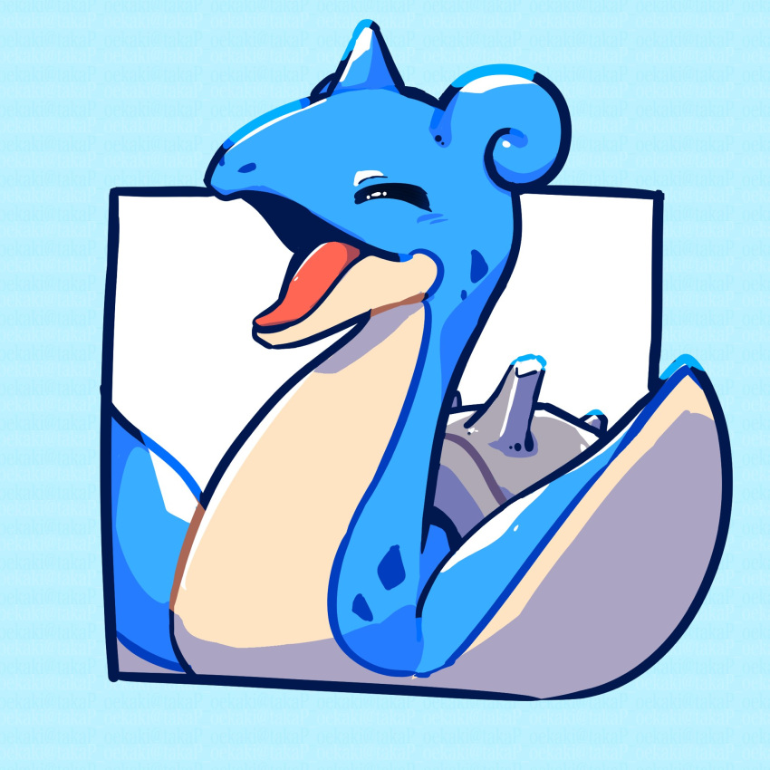 animal_focus closed_eyes facing_viewer highres horns lapras no_humans open_mouth pokemon pokemon_(creature) pokemon_focus single_horn smile takap_oekaki
