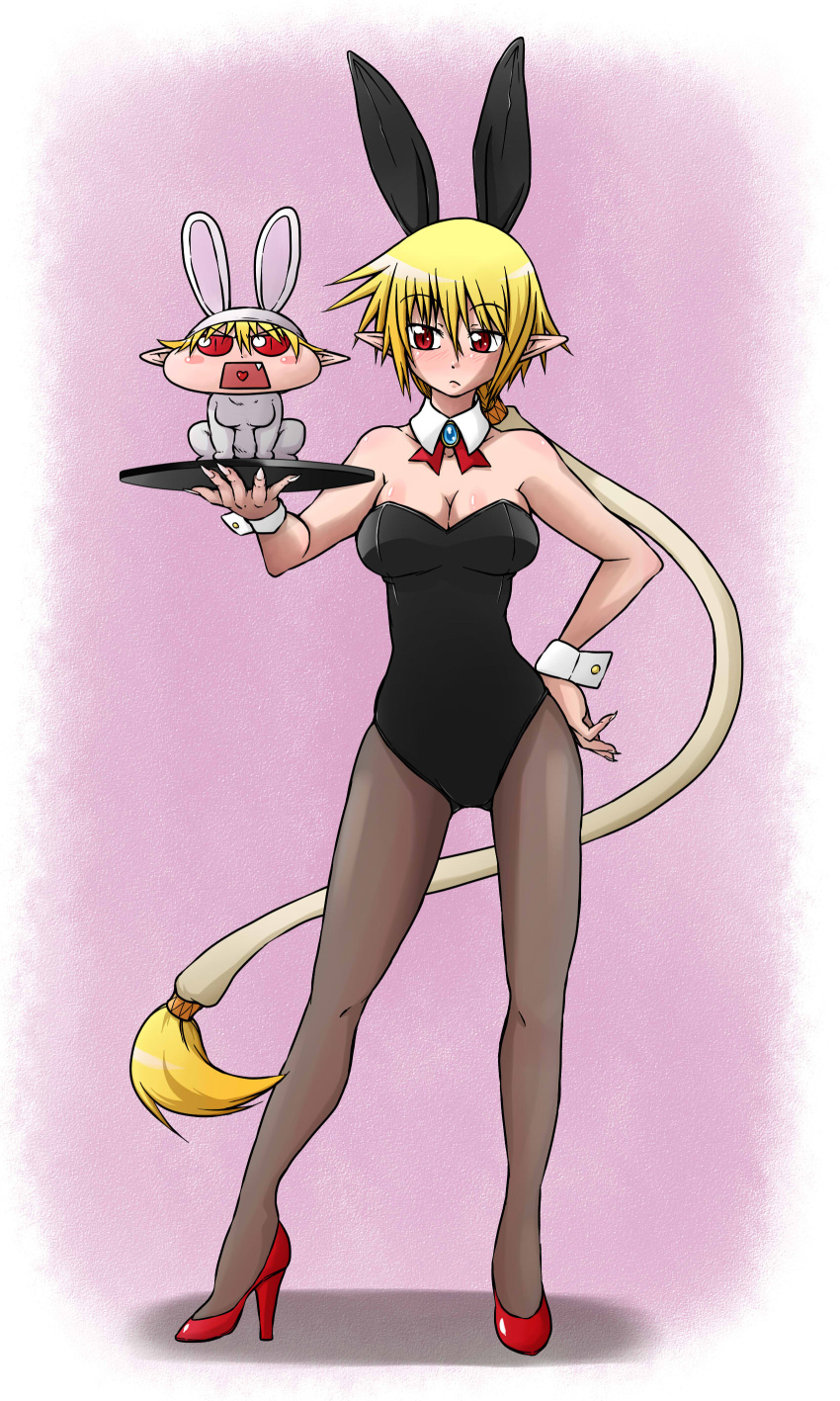 absurdres animal_costume animal_ears blonde_hair blush breasts bunny_costume bunny_girl bunnysuit cleavage dual_persona fang frown hand_on_hip hanyapunifu heart heart_in_mouth high_heels highres hiren_(hanyapunifu) long_hair nail original pantyhose pointy_ears ponytail rabbit_ears red_eyes red_shoes shoes tray very_long_hair wrist_cuffs