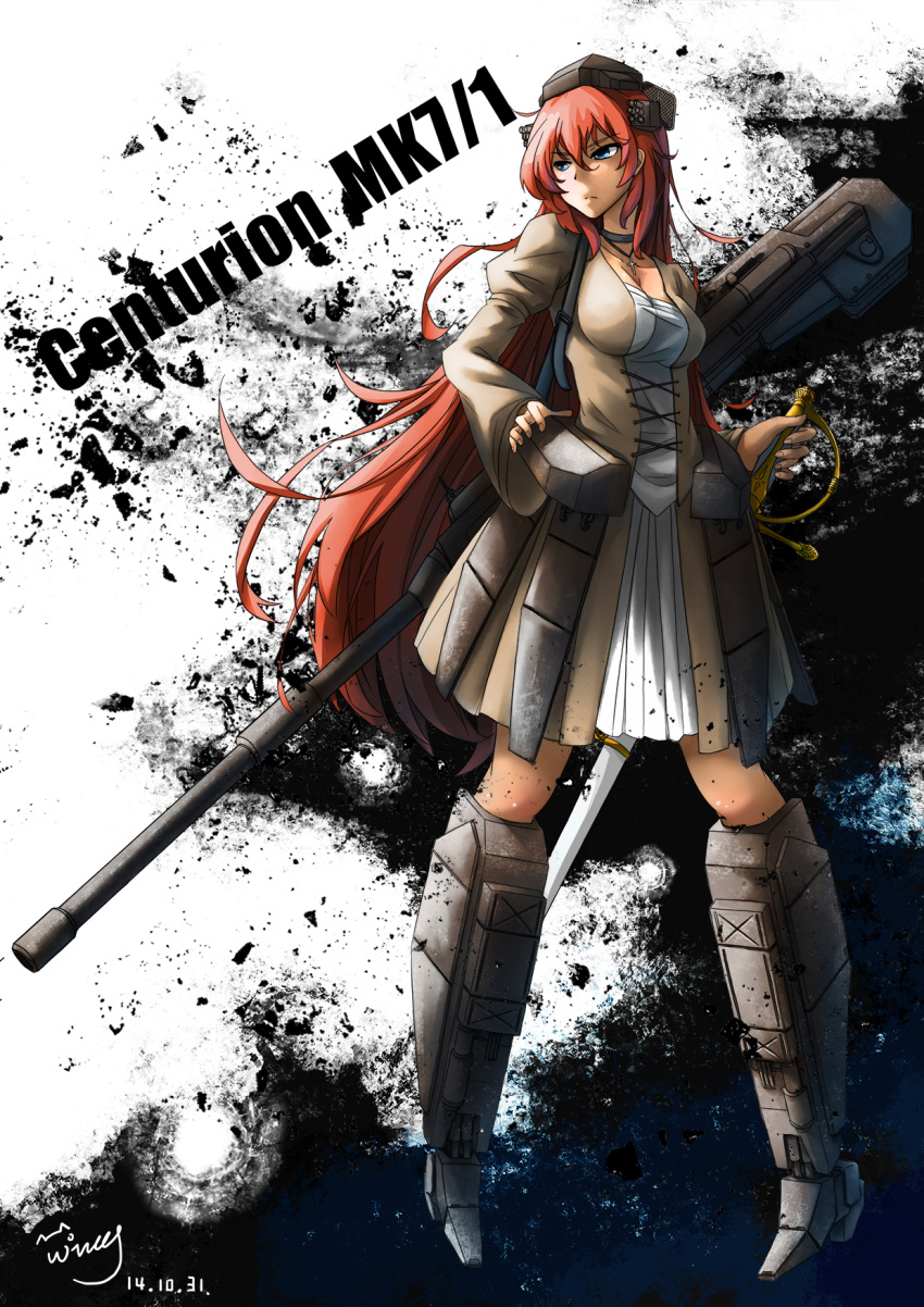 1girl armor armored_dress blue_eyes boots breasts cannon centurion_(tank) character_name cleavage cross cross_necklace hand_on_hip hat highres jewelry knee_boots long_hair military military_uniform military_vehicle muzzle_brake necklace original personification redhead sheath sheathed skirt solo sword tank uniform vehicle very_long_hair weapon wing_(4486066) world_of_tanks